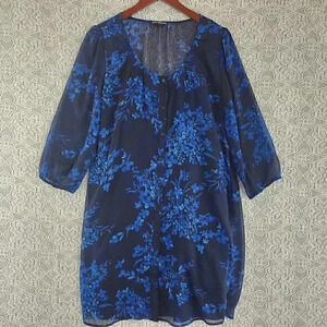 Express Black Blue Long Sleeve Floral Printed Button Up Chiffon Shirt Dress M